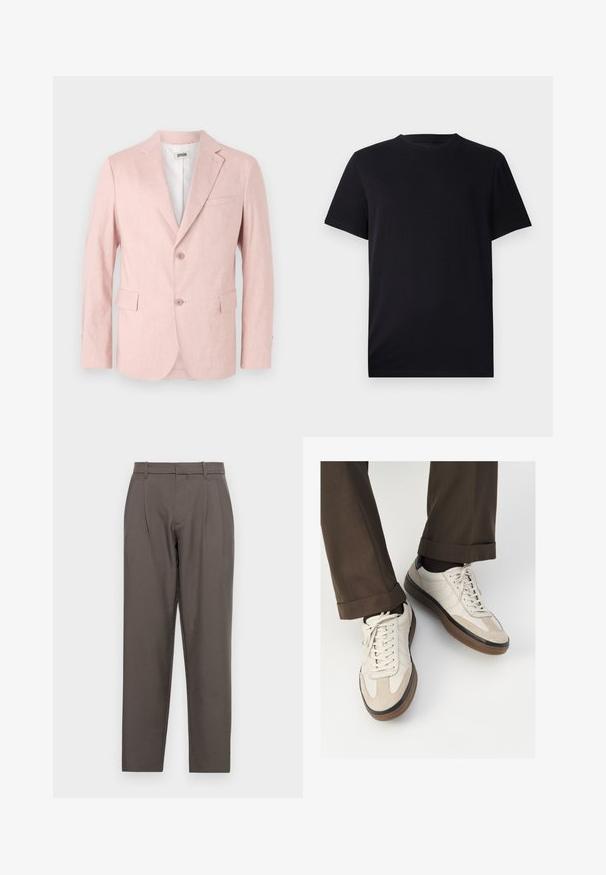 Lys rosa blazer laget av teksturert stoff, med notched lapel, to knapper, to frontlommer og en enkelt brystlomme.; Svart T-skjorte med korte ermer laget av glatt bomull, med rund hals og klassisk passform uten mønstre eller synlig utstyr.; Jack & Jones JPSTBILL JJDAYTONA WIDE - Bukse - pavement; Beige sneakers med teksturert semsket front, glatte skinnsider og en brun gummisåle. Snører og lys syddetalj inkludert.