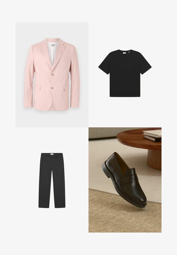 Blazer rosa chiaro realizzato in tessuto testurizzato, con rever a punta, due bottoni, due tasche frontali e una tasca sul petto.; T-shirt in cotone nero con colletto rotondo e maniche corte. Presenta un logo testuale sottile sulla parte anteriore. Tessuto morbido e vestibilità rilassata.; Pantaloni neri in tessuto leggero. Presentano un design a gamba dritta con una parte frontale piatta, tasche laterali e una vita discreta.; Mocassino in pelle nera con finitura liscia, punta rotonda e una fascia decorativa sulla parte superiore. Tacco in gomma basso, posizionato su una superficie texture.
