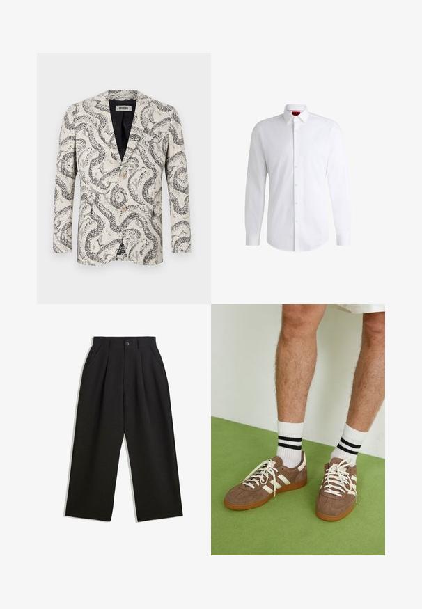 Blazer elegante realizzato in tessuto intrecciato con un motivo a serpente monocromatico. Il design include un bavero a punta, due bottoni e una tasca sul petto.; Camicia bianca con bottoni, realizzata in tessuto morbido, con colletto classico, maniche lunghe e orlo curvo. Presenta bottoni beige sul davanti.; Pantaloni neri con una vestibilità comoda, caratterizzati da pieghe frontali, tasche laterali e chiusura con bottone. Realizzati in tessuto testurizzato.; Sneaker in suede marrone con dettagli e lacci bianchi. Suola in gomma color gomma. Indossati con calzini bianchi con righe nere. Pavimento verde texturizzato.