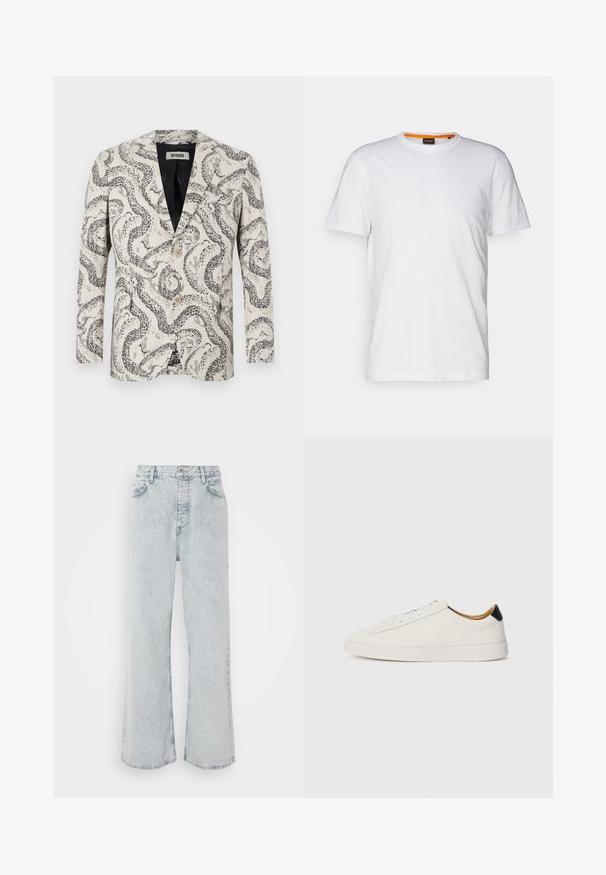 Μοντέρνο σακάκι από υφαντό ύφασμα με μονοχρωμία σχέδιο φιδιού. Ο σχεδιασμός περιλαμβάνει κομψό πέτο, δύο κουμπιά και μια ενιαία τσέπη στο στήθος.; Λευκό βαμβακερό T-shirt με στρογγυλή λαιμόκοψη, κοντά μανίκια και μια διακριτική ανάγλυφη λογότυπο στο στήθος. Η εσωτερική ετικέτα έχει πορτοκαλί λεπτομέρεια.; Ανοιχτό μπλε τζιν παντελόνι σε φαρδιά γραμμή με ψηλή μέση, διαθέτει κουμπί, πέντε τσέπες και διακριτική ξεθωριασμένη υφή.; Λευκό αθλητικό παπούτσι με λείο δέρμα, στρογγυλή μύτη και επίπεδη σόλα. Μαύρη λεπτομέρεια στη φτέρνα, με τονικό κορδόνι και ελάχιστο branding.
