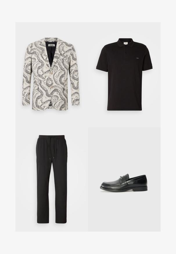 Stiliziran blazer, narejen iz tkanine z wovnim vzorcem, ki prikazuje monokromatski vzorec kače. Oblikovanje vključuje peaked obrobo, dva gumba in en žep na prsih.; Črna bombažna polo majica s klasičnim ovratnikom, dvema sprednjima gumboma in majhnim logotipom na levem prsnem delu. Kratki rokavi in ravno dno.; Črne trenirke iz lahkega materiala, z elastičnim pasom in nastavljivimi vrvicami ter stranskimi žepi. Gladka tekstura.; Črne usnjene loafers čevlje z zaobljenim nosom, ki imajo šivano zasnovo, majhen sprednji trak z kovinskim okrasjem in ravno gumijasto podplati.