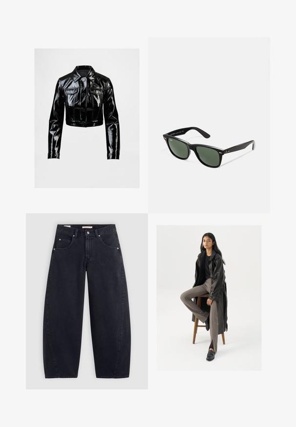 Μαύρο κοντό σακάκι από γυαλιστερό ψεύτικο δέρμα, με κεντρικό γιακά, κλείσιμο με έξι κουμπιά και δύο τσέπες στο στήθος.; Λευκή μπλούζα Adidas με ρίγες και ναυτικές μπλε λεπτομέρειες, διαθέτει στρογγυλό λαιμό, κοντά ραγλαν μανίκια και έντονο λογότυπο "adidas" μπροστά.; Μαύρα τζιν παντελόνια φαρδιάς γραμμής με ψηλή μέση, δύο εμπρός τσέπες και ασημί αξεσουάρ. Λείος υφασμάτινος σχεδιασμός, ελάχιστες ραφές και ευθεία γραμμή.; Μαύρο δερμάτινο παλτό με κουμπιά και λεπτομέρεια ζώνης, συνδυασμένο με ανοιχτό καφέ εφαρμοστά παντελόνια και μαύρα μοκασίνια, καθισμένο σε ξύλινη σκάλα.; Μαύρα πλαστικά γυαλιά ηλίου με πράσινους φακούς, τετράγωνα σκελετά, ασημένια λεπτομέρεια στη ράχη και υφασμένες βραχίονες. Δηλωμένη μάρκα στον εσωτερικό βραχίονα.; Μαύρη τσάντα tote με δύο μακριές λαβές, φερμουάρ στην κορυφή και μικρό πράσινο λογότυπο κροκολόχου κάτω από τις λαβές.