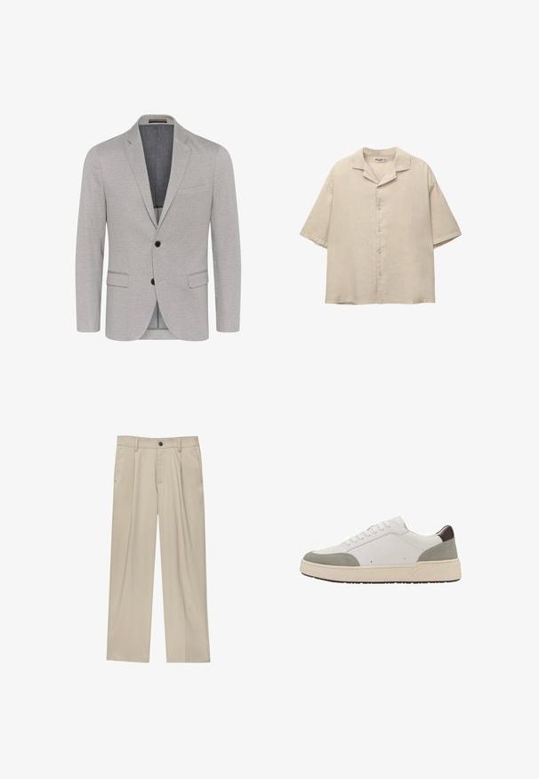 Blazer grigio chiaro con tessuto testurizzato, revers a punta, chiusura a due bottoni e tasche con patta. Interno foderato con un colore a contrasto.; Camicia beige a maniche corte in un tessuto leggero, con colletto a punta e cinque bottoni sul davanti, con una vestibilità comoda.; Pantaloni beige a taglio dritto, con un solo bottone nero, passanti per la cintura e tasche laterali. Tessuto dalla texture liscia e design minimale.; Sneaker bianco con dettagli in suede grigio e pelle marrone scuro. Presenta un design con lacci, punta arrotondata, suola in gomma bianca spessa e cuciture minime.