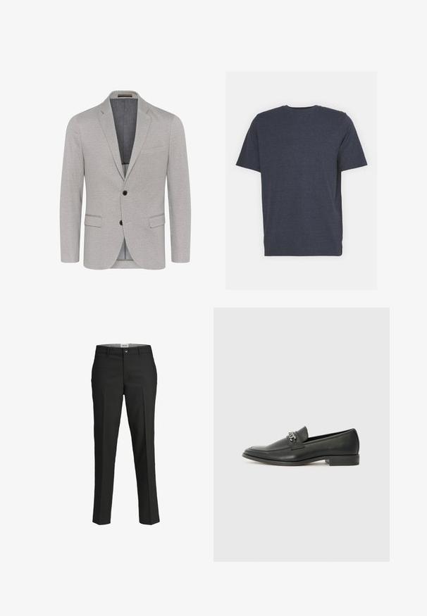 Light grey blazer with a textured fabric, notched lapels, two-button closure, and flap pockets. Lined interior with a contrasting color.; Navy blue crew neck t-shirt made of soft cotton blend fabric, with short sleeves and a regular fit. No visible patterns or accents.; Black trousers, tailored fit, smooth fabric, mid-rise waist, front button closure, diagonal pockets, and crease detailing down the legs.; Black leather loafer with a smooth finish, featuring a stitched design and a decorative metal chain accent across the vamp. Flat heel.