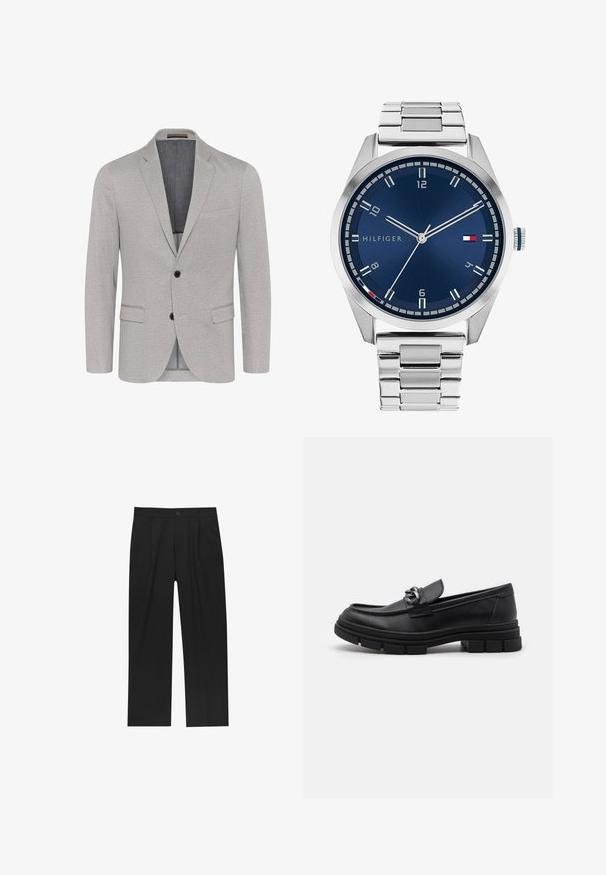 Svijetlosivi blejzer od teksturirane tkanine, s reverima u obliku slova notch, zatvaranjem na dvije tipke i zamknama. Podstavljena unutrašnjost u kontrastnoj boji.; Set od osam crnih pamučnih majica s kratkim rukavima i okruglim izrezom, s jednostavnim dizajnom i mekanom teksturom.; Crne hlače ravnog kroja, izrađene od glatkog materijala. Imaju prednje nabore i jedan dugme na struku.; Crne kožne mokasine s zaobljenim vrhom, dekorativnom trakom i hardverom, te masivnom teksturiranom potplatom. Glatka površina s suptilnim detaljima.; Srebrni metalni sat s četkanim plavim brojčanikom, bijelim oznakama sati i prikazom datuma. Ima povezan metalni remen i logo marke.