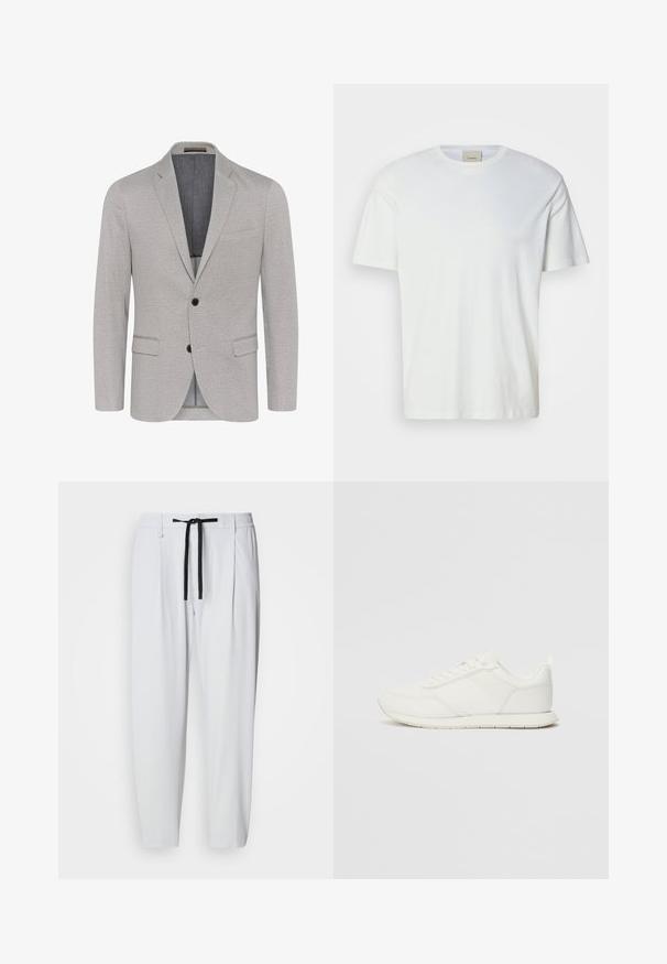 Blazer grigio chiaro con tessuto testurizzato, revers a punta, chiusura a due bottoni e tasche con patta. Interno foderato con un colore a contrasto.; T-shirt bianco a maniche corte con collo tondo, con un'etichetta Calvin Klein visibile all'interno del colletto, esposto su uno sfondo neutro.; Pantaloni bianchi a sigaretta con cordino nero, vita elastica, tasche laterali e passanti per cintura, esposti su uno sfondo neutro.; Sneaker bianco con tomaia in rete e materiale sintetico, punta tonda, lacciuoli piatti e una striscia laterale testurizzata. Suola in gomma con linguetta sul retro.