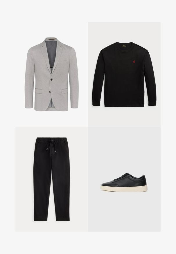 Šviesiai pilkas švarkas su tekstūruotu audiniu, išlankstytomis apykaklėmis, dviem mygtukais užsegamas ir su kišenėmis su sklende. Pamušalas su kontrastinga spalva.; Juodas ilgomis rankovėmis t-shirt, pagamintas iš medvilnės. Turi apvalų kaklą, suglebusius rankogalius ir mažą raudoną siuvinėtą logotipą ant krūtinės. Lygi tekstūra.; Juodos laisvos kelnės su elastinga juosta, raišteliu, priekinėmis sagomis ir šoninėmis kišenėmis, pateiktos ant vienodo fono.; Juoda žema viršutinė odinė sportbačiai su juodais raišteliais ir kreminiu padu, pateikti šoniniame profilyje ant baltos fono.