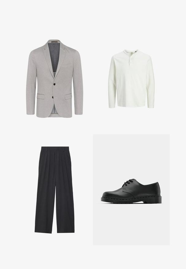 Heled hall blazer tekstureeritud kangaga, sakilise kraega, kahe nööbiga kinnitamine ja volditud taskud. Vooderda sisemus kontrastset värvi.; Valge pika varrukaga henley särk kolme nupuga ja ümmarguse kraega, esitatud lihtsal valgel taustal.; Laiene püksid, mis on valmistatud tumedast hallist kangast. Omavad vööümbrikus voldikuid, on kohandatud disainiga ja sirge siluett.; Mustad musta nahast oksfordi king, millel on paeltega disain, ümar nina, lame kummist tallal ja diskreetne õmblemise detail ülemise osa ääres.