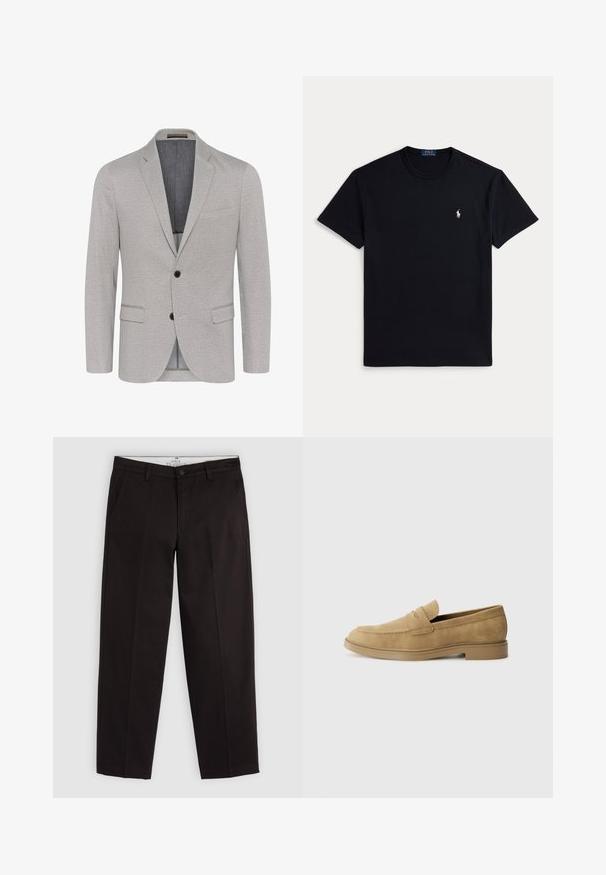 Gai pelēks bleizers ar strukturētu audumu, ar ieliektiem apkakles galiem, divu pogu aizdari un kabatām ar atloku. Odere ar kontrastējošu krāsu.; Melnā kokvilnas T-krekls ar apaļu kakla izgriezumu, īsām piedurknēm un nelielu izšūtu logotipu kreisajā krūtīs. Gluda tekstūra.; Melnas taisnās kājas chinos bikses ar jostu cilpiņām, pogu aizdari un sānu kabatām, izstādītas uz gaiši pelēka fona.; Kafijas krāsas zamšādas loafers ar noapaļotu purngalu, zemu blokveida papēdi un izšūšanas detalizāciju augšdaļā. Gluda tekstūra un minimālisma dizains.