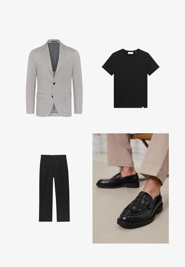 Svijetlosivi blejzer od teksturirane tkanine, s reverima u obliku slova notch, zatvaranjem na dvije tipke i zamknama. Podstavljena unutrašnjost u kontrastnoj boji.; Crna kratka majica s kratkim rukavima od pamuka, s okruglim izrezom i malim logotipom izvezenim na prsima. Glatka tekstura, standardni kroj.; Crne hlače ravnog kroja, izrađene od glatkog materijala. Imaju prednje nabore i jedan dugme na struku.; Crne kožne mokasine s glatkom obradom, koje imaju dekorativnu traku i kontrastnu šav, u kombinaciji s bež hlačama.