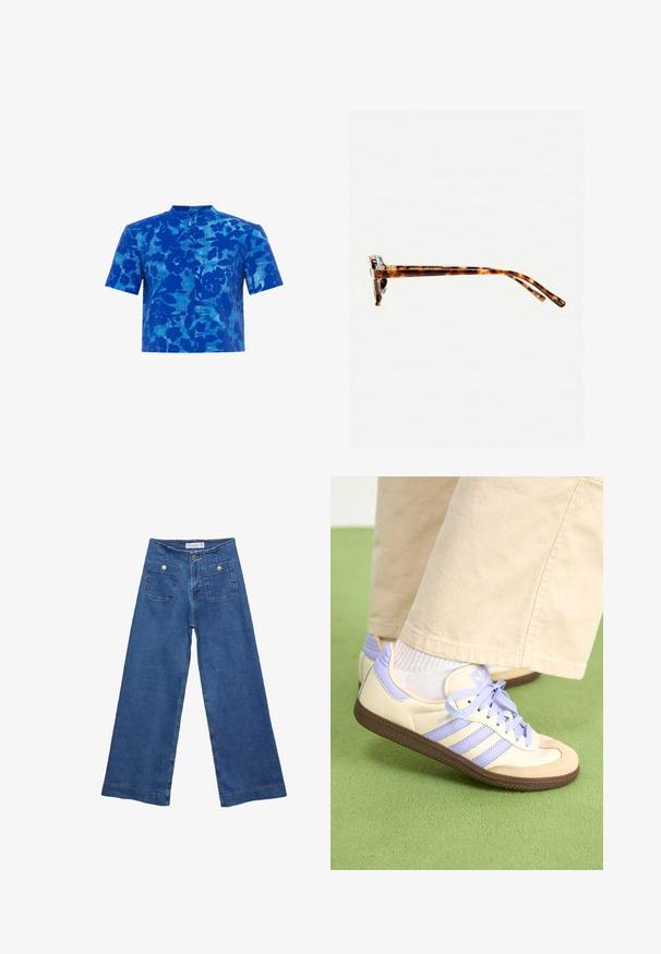 Sininen lyhythihainen paita, jossa on kukkakuosi, mandariinikaulus ja nappisuljenta. Teksturoitu kangas, jossa on hieman jämäkkä muoto.; Vaaleansininen paita pehmeästä kankaasta, jossa on klassinen kaulus, napitettava etuosa ja käärityt hihat rentoa sovitusta varten.; Denim leveled-leg farkut keskisinisellä pesulla, kahdella etupussilla, joissa on nappisuljenta, ja ommelluilla yksityiskohdilla helmoissa.; Kermasilta ja laventelilta näyttävät lenkkarit kolmella raidalla ja teksturoidulla ruskealla pohjalla, varustettuna nauhoilla ja pehmustetulla kantapäällä. Pehmeä kangaspinta.; Kivimäisd värvi päikeseprillid paksu raamiga, kergelt kõverate templitega ja siledast tekstuurist. Omab klassikalist disaini läikiva viimistlusega.