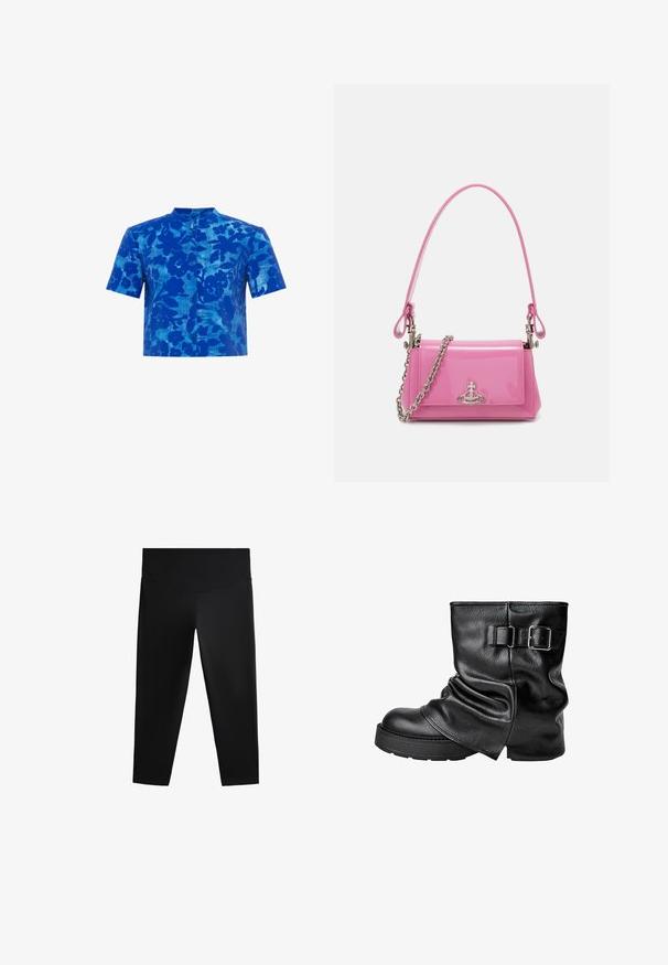 Niebieska koszula z krótkim rękawem z kwiatowym wzorem, z kołnierzykiem mandarynkowym i zapięciem na guziki. Teksturowana tkanina o lekko usztywnionym kroju.; Czarny top z długim rękawem o prążkowanej fakturze, z dużymi różowymi liliami i zielonymi liśćmi nadrukowanymi z przodu. Lekki materiał.; Czarne legginsy sportowe z wysokim stanem, gładkim materiałem i dopasowanym krojem, zaprojektowane z myślą o swobodzie ruchów i komforcie.; Czarne skórzane botki do kostki z luźnym fasonem, kwadratowym noskiem i boczną sprzączką. Gruba podeszwa zapewnia dodatkową wysokość i stabilność.; Różowa torebka z lakierowanej skóry o prostokątnym kształcie, z odpinanym łańcuchem i srebrnymi detalami z przodu.