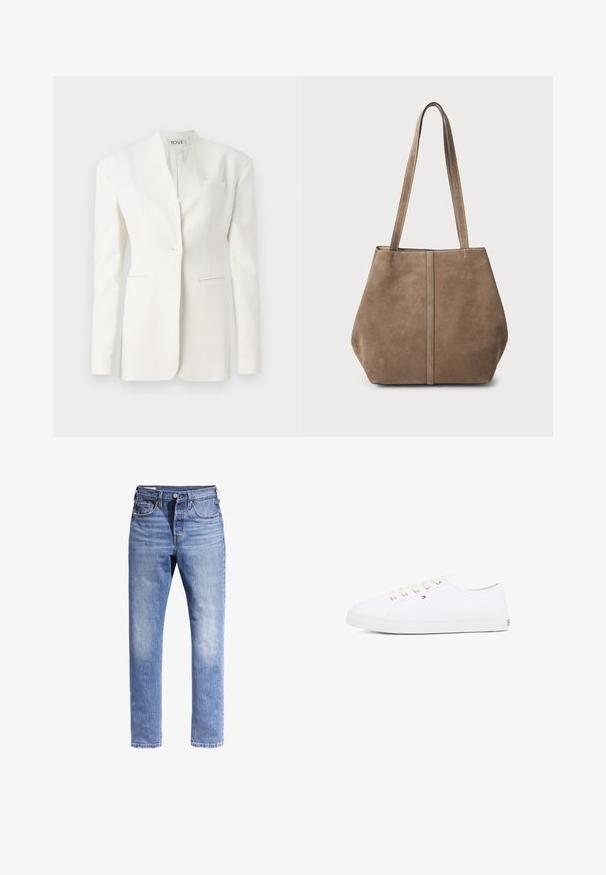 Blazer bianco su misura con un singolo bottone, revers a punta, due tasche frontali e una tasca sul petto. Tessuto liscio con una silhouette strutturata.; Maglione bianco a mezzipper in maglia a trecce con collo, polsini e orlo a coste, caratterizzato da un piccolo logo scuro ricamato sul petto a sinistra.; Jeans in denim azzurro chiaro con design a gamba dritta, cinque tasche e cuciture a contrasto. Il tessuto appare leggermente consunto.; Sneaker bianco in tela con occhielli dorati, lacci piatti, suola in gomma strutturata e branding minimale sul lato. Design a profilo basso.; Borsa tote in suede marrone con due lunghe maniglie, dettaglio con cucitura verticale sulla parte anteriore e una texture morbida. Design spazioso adatto per l'uso quotidiano.