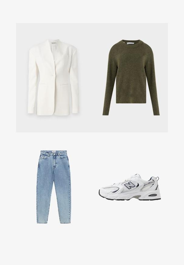 Weißer taillierter Blazer mit einem einzigen Knopf, spitzem Revers, zwei Fronttaschen und einer Brusttasche. Glattes Material mit strukturierter Silhouette.; Olivgrüner Wollpullover mit rundem Ausschnitt, langen Ärmeln und gerippten Bündchen, kombiniert mit dunkler Jeans und einem schwarzen Gürtel. Weiche Textur.; Weißes T-Shirt mit kurzen Ärmeln, Rundhalsausschnitt, aus weichem, glattem Baumwollstoff, mit geradem Saum und minimaler Ausstattung. Schlichtes und vielseitiges Design.; Helle blaue Jeans mit hochsitzt, geradem Bein und Kontrastnähten. Mit vorderen und hinteren Taschen sowie einem Knopfverschluss.; Weißer Sportschuh mit Mesh-Obermaterial, navyblauen Akzenten und gepolsterter Sohle. Verfügt über das "N"-Logo, Schnürsenkel und eine strukturierte Detailverarbeitung an der Seite.