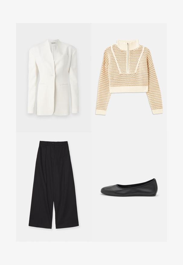 Fehér, szabott blazer egy gombbal, csúcsos hajtókával, két elülső zsebből és egy mellzsebből. Sima anyag, amely struktúrált sziluettet alkot.; Világos bézs cropped pulóver, cipzáras álló gallérral, mely texturált mintával és bordás mandzsettával, valamint szegéllyel rendelkezik. A kötött és szőtt anyagok kombinációja.; Fekete, széles szárú nadrág sima anyagból, magas derékkal, elülső pliszével, gombos záródással és egyenes szabással.; Fekete bőr balettcipő lekerekített orral, sima tekstúrával, minimális varrással és rugalmas talp kialakítással.