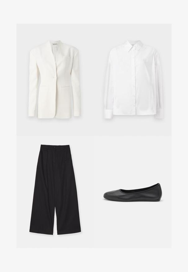 Valkoinen räätälöity bleiseri, jossa on yksi nappi, huippureunus, kaksi etutaskua ja rintatasku. Sujuva kangas ja jämäkkä siluetti.; Valkea pitkähihainen nappipaita sileästä puuvillasekoitteesta. Sisältää klassisen kauluksen, etunappisulun ja pyöristetyt hihansuut.; Mustat leveälahkeiset housut, jotka on valmistettu sileästä kankaasta. Niissä on korkea vyötärö, etupuolella laskokset, nappikiinnitys ja suora leikkaus.; Musta nahkainen ballerina, jossa on pyöristetty kärki, sileä pinta, minimaalinen ommelkoristelu ja joustava pohjamuotoilu.