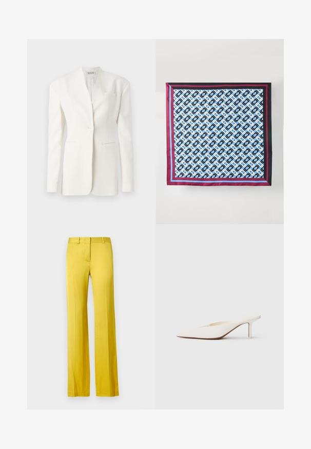 Hvid skræddersyet blazer med en enkelt knap, spidse lapeller, to forlommer og en brystlomme. Glat stof med en struktureret silhuet.; Langærmet rullekravetrøje i gennemsigtigt sort stof med et gentagende mønster af hvide kæder. Figursyet design med diskrete rynkedetaljer ved taljen.; Bukser med brede ben i lys gul, lavet af glat stof. Har en forlommer og en skræddersyet talje for et struktureret udseende.; Spids-tået hvid mule med en lav stilettohæl. Fremstillet af glat materiale med et minimalistisk design og diskret tan såldetalje.; Silke tørklæde med et gentagende blåt og sort mønster på en hvid baggrund, indrammet med maroon og blå striber langs kanterne.