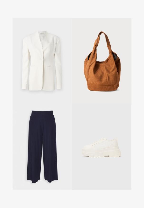 Blazer blanc ajusté avec un bouton unique, revers en pointe, deux poches avant et une poche poitrine. Tissu lisse avec une silhouette structurée.; T-shirt blanc court en coton lisse, avec un col rond et des manches courtes et larges. Design simple et épuré sans motifs visibles.; Pantalon large en tissu bleu marine foncé avec une texture côtelée. Il présente une taille lisse et une silhouette fluide, atteignant la longueur mi-mollet.; Baskets blanches en toile avec une semelle épaisse, bout arrondi et cinq œillets pour les lacets. Onglet arrière pour un enfilage facile. Texture lisse, design minimaliste.; Sac à épaule en daim brun avec une texture douce, une forme incurvée et deux poignées. Il présente un design minimaliste sans matériel ou accents visibles.