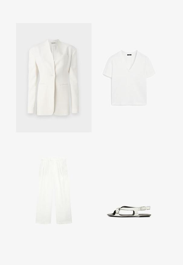 Hvid skræddersyet blazer med en enkelt knap, spidse lapeller, to forlommer og en brystlomme. Glat stof med en struktureret silhuet.; Hvid kortærmet V-hals T-shirt lavet af bomuld, med et minimalistisk design og glat tekstur, lige kant og uden udsmykninger.; Hvide bukser med vidde lavet af et let materiale, som har en flad front, læg og en taljebånd, der giver en løs og luftig pasform.; Hvide lædersandaler med flad sål, åben tå-design og sidebånd med spænde. Har udskårede detaljer langs siderne.