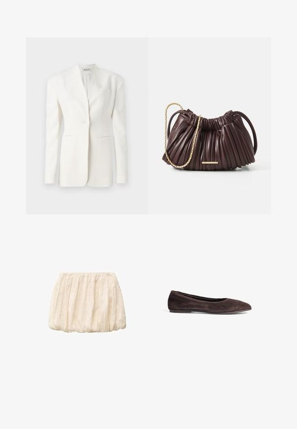 White tailored blazer with a single button, peak lapel, two front pockets, and a chest pocket. Smooth fabric with a structured silhouette.; White cotton t-shirt with short sleeves, round neckline, and a relaxed fit. Smooth texture with no visible patterns or accents.; Ivory short skirt made of lightweight, textured fabric with gathered design and elastic waistband. Casual and versatile for various outfits.; Brown suede ballet flat with a pointed toe and low profile. Features smooth texture and minimalistic design. No visible hardware or accents.; Burgundy pleated leather handbag with gold chain handle and small rectangular hardware accent. Soft texture, rounded shape, and elegant design.