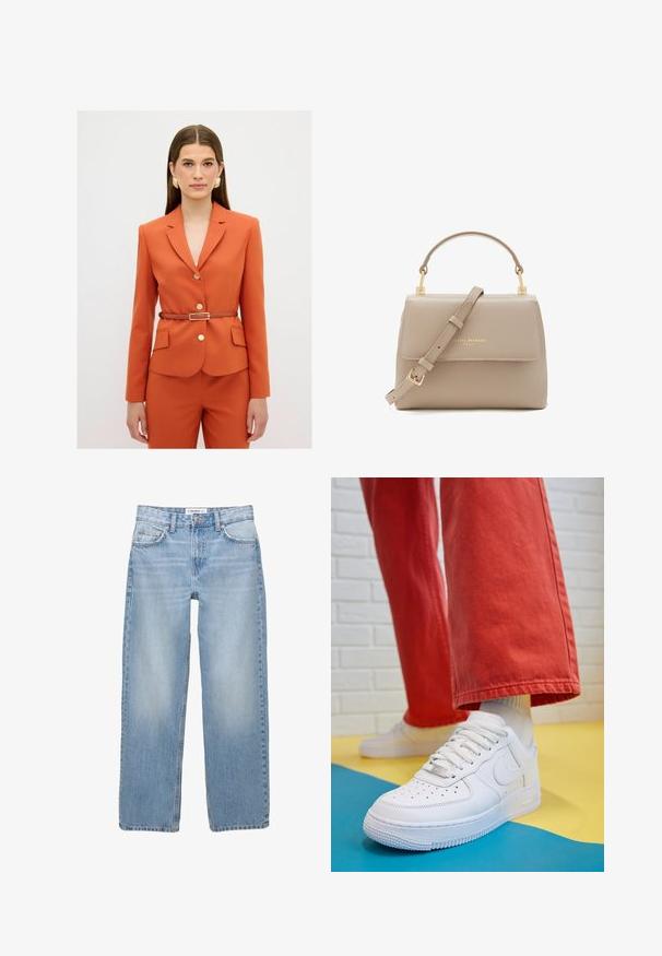 Oranje op maat gemaakte blazer met een V-hals, gouden knopen en een bruine riem. Gecombineerd met bijpassende broeken, voorzien van twee voorzakken.; Witte geribde tanktop met een ronde halslijn en mouwloos ontwerp, voorzien van een rechte zoom en een gladde, rekbare textuur.; Lichtblauwe denim jeans met een recht model, vijf zakken en zichtbare stiksels. De stof heeft een zachte, iets vervaagde textuur.; Witte leren sneaker met geperforeerde teenbox, gestructureerde zool en witte veters, gecombineerd met wijde rode broeken en een blauw-geel achtergrond.; Isabel Bernard Femme Forte Heline - Handtas - taupe