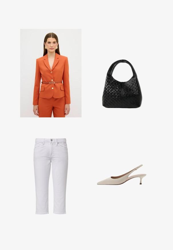 Blazer orange ajusté avec un col en V, des boutons dorés et une ceinture marron. Assorti à un pantalon de la même couleur, comportant deux poches avant.; T-shirt blanc à manches courtes en tissu lisse, avec un col rond et de subtils détails de couture à l'ourlet.; Pantalons en denim blancs, coupés au niveau des chevilles, avec une coupe droite, comportant des poches avant, une fermeture à bouton en métal argenté et de discrets détails de couture.; Des escarpins slingback beiges avec un bout pointu et un talon évasé bas. Fabriqués en cuir lisse avec un design minimaliste et une sangle réglable.; DrachenLeder Sac à main - schwarz
