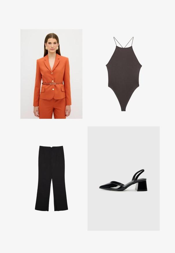 Oranssi räätälöity bleiseri, jossa on V-aukko, kultaiset napit ja ruskea vyö. Yhdistetty samansävyisiin housuihin, joissa on kaksi etutaskua.; Ruskea, korkeakauluksinen yksiosainen uimapuku, jossa on ohuet, säädettävät hihnat; siinä on korkea lahje ja sileä tekstuuri. Ei kuvioita tai koristeita.; Mustat housut suoralinjaisella leikkauksella, joissa on etutaskut ja sivurei'ät helman alla. Valmistettu pehmeästä ja sileästä kankaasta. Sopii eri tilaisuuksiin.; Mustat patentoitu nahkakengät, joissa on säären takaosa ja terävä kärki, sekä geometrinen palikkakorko. Sisältää tyylikkään, minimalistisen muotoilun ja sileän pinnan.