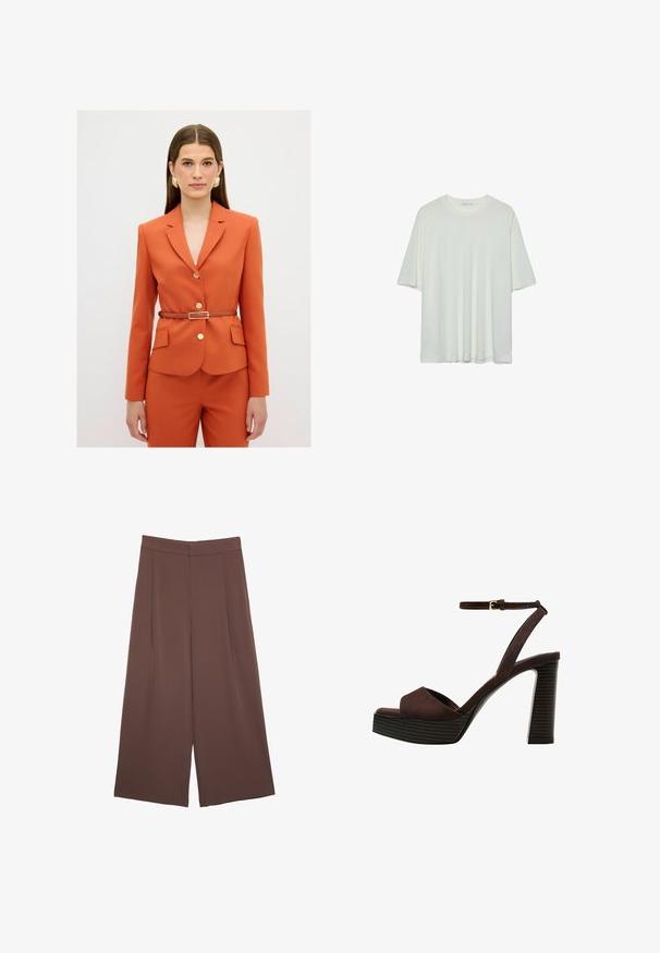 Pomarańczowa dopasowana marynarka z dekoltem w serek, złotymi guzikami i brązowym paskiem. W połączeniu z dopasowanymi spodniami, które mają dwie przednie kieszenie.; Biała koszulka z krótkim rękawem, okrągły dekolt, miękka tkanina bawełniana, luźny krój, bezszwowy dół, minimalistyczny design bez zdobień.; Brązowe spodnie o szerokich nogawkach z gładką fakturą, z wysokim stanem i plisami z przodu. Materiał jest lekki i luźno opada.; Brązowe zamszowe sandały na wysokim obcasie z odkrytymi palcami, regulowanym paskiem na kostce i paskowatą podeszwą.