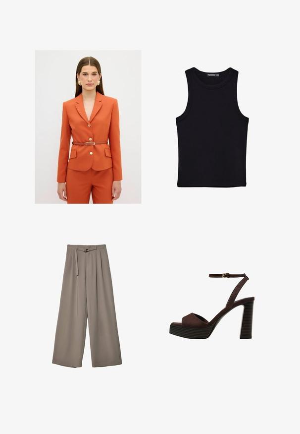 Orange skræddersyet blazer med v-hals, guldknapper og et brunt bælte. Kombineret med matchende bukser, som har to frontlommer.; Sort tank top lavet af bomuld, med rund halsudskæring og brede armhuller. Glat tekstur med syede kanter. Klassisk, minimalistisk design.; Vide ben bukser i et blødt, afdæmpet grå stof, med en bælte i taljen og plisseringer for ekstra designdetalje. Glat tekstur, ingen mønstre.; Brune ruskinds højhælede sandal med åben tå, justerbar ankelrem og en stribet plade sål.