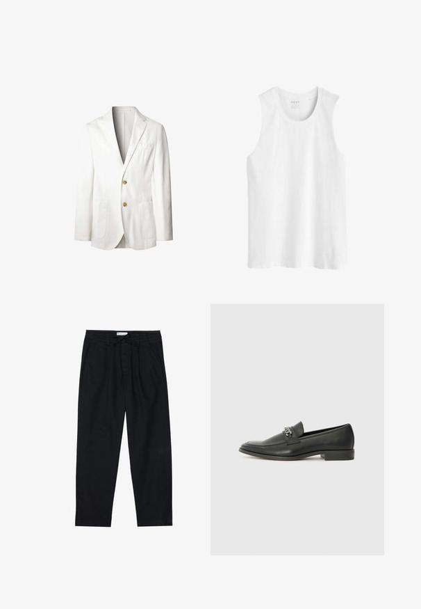 Blazer bianco in lino con rever a punta, due tasche frontali e due bottoni dorati. Interno non foderato con un design pulito e minimalista.; Top bianco senza maniche realizzato in cotone. Presenta un colletto tondo e un fondo dritto con una vestibilità regolare e senza motivi o abbellimenti.; Pier One Chino - black; Mocassino in pelle nera con finitura liscia, caratterizzato da un design cucito e da un accento decorativo in catena metallica sul vamp. Tacco piatto.