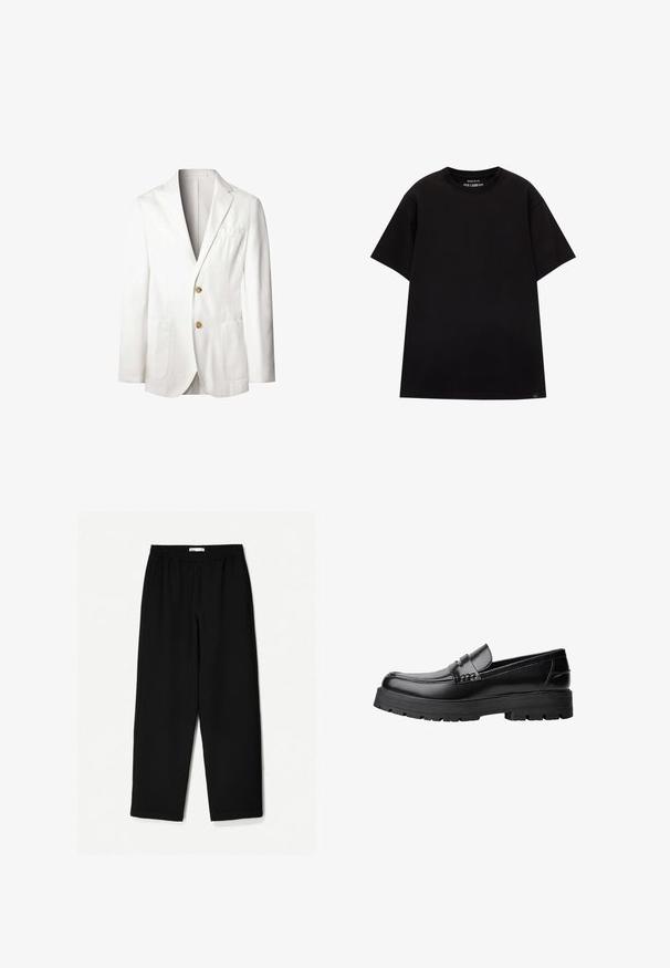 Witte linnen blazer met een notch-lapel, twee voorzakken en twee gouden knopen. Ongevoerd interieur met een strakke, minimalistische uitstraling.; PULL&BEAR JOIN LIFE - T-shirt basic - black; Zwarte, wijde broek van een lichtgewicht stof. Voorzien van een elastische tailleband en een soepele textuur. Geen zichtbare patronen of hardware.; Zwarte leren loafer met een chunky profielzool en een decoratieve band over de bovenkant, weergegeven in het linkerzijprofiel op een witte achtergrond.