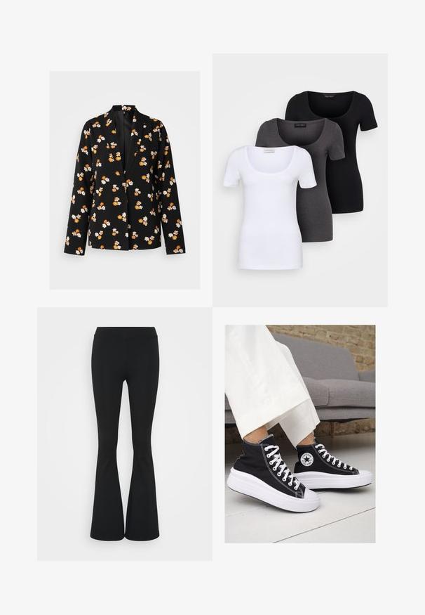 Swarte blazer med hvit og oransje blomstertrykk, med slått krage, lange ermer og avslappet passform. Glatt stofftekstur.; Tre figurerte T-skjorter i hvit, grå og svart. Hver har en bred scoop-nakke og korte ermer. Laget av glatt, elastisk stoff.; Svarte flared bukser laget av elastisk stoff, med høy midje og en glatt tekstur. Buksene vidder ut fra kneet.; Sorte lerrets høy-top sneakers med hvite gummisulinger og snørebånd. Har et rundt logo på siden og kontrasterende hvite sting.