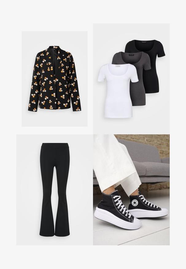 Black blazer with white and orange floral print, featuring a notched lapel, long sleeves, and a relaxed fit. Smooth fabric texture.; Three fitted T-shirts in white, gray, and black. Each features a wide scoop neckline and short sleeves. Made from smooth, stretchy fabric.; Black flared pants made of stretchy fabric, featuring a high waistband and a smooth texture. The pants flare out from the knee.; Black high-top sneakers with white rubber soles and laces. Features a round logo patch and contrasting white stitching. Canvas material.