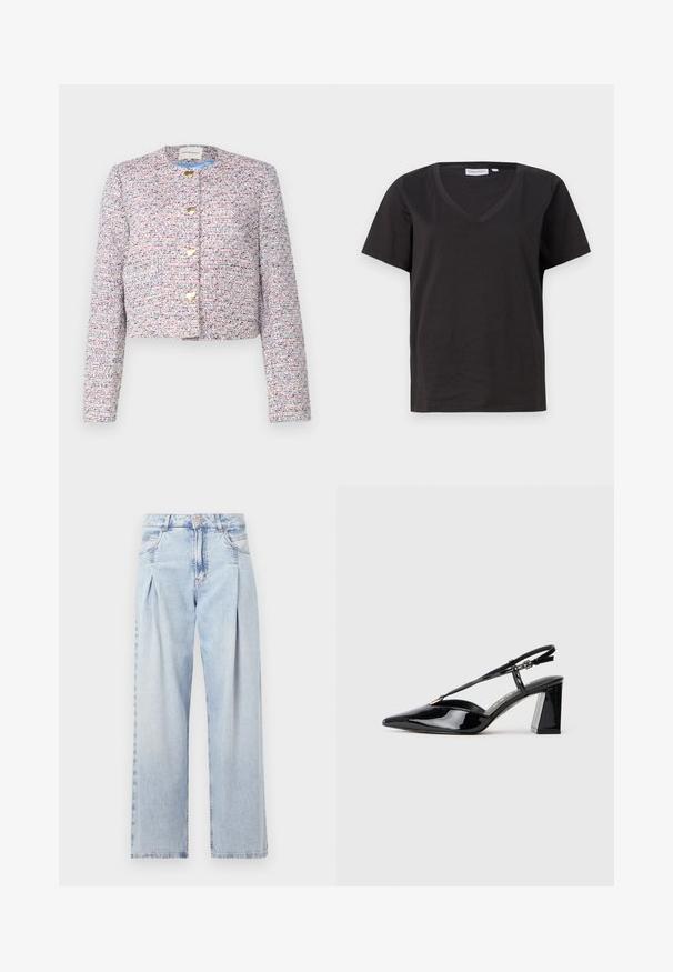 Apkirpta striukė iš daugiaspalvės audinės su tekstūruotu raštu. Turi apvalų iškirpimą ir auksinius sagčių užsegimus.; Juodas medvilninis marškinėlis su V formos iškirpte ir trumpomis rankovėmis. Paprastas dizainas, reguliaraus kirpimo, be raštų ar akcentų.; Šviesiai mėlyni džinsai su aukštu liemeniu, plačiomis kojomis, dviem šoninėmis kišenėmis ir raukinių dizainu. Minkšta tekstūra su nudilusia apdaila.; Juodos lakinės odos aukštakulnės basutės su smailiu pirštu, reguliuojama juosta ir storu stačiakampiu kulnu.