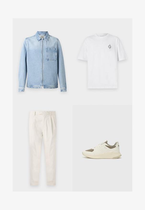 Vaaleansininen farkkutakki, jossa on vetoketjusuljenta, kaulus, pitkät hihat ja rintatasku. Takissa on hieman haalistunut pinta ja tavalliset hihansuut.; Valkoinen puuvillapaita rentoa istuvuutta, jossa on pieni musta graafinen logo vasemmassa rintataskussa. Lyhyet hihat, pyöreä kaula-aukko.; Valkoiset, laskostetut housut, joissa on räätälöity istuvuus. Housut ovat sileäpintaiset, niissä on vyölenkit ja kapenevat lahkeet. Ei näkyviä taskuja tai kuvioita.; Valkoinen ja vaaleanbeige urheilukengät, joissa on verkkomateriaali yläosa, rei'itettyjä yksityiskohtia ja teksturoitu välipohja, jossa on brändäys kantapäässä.