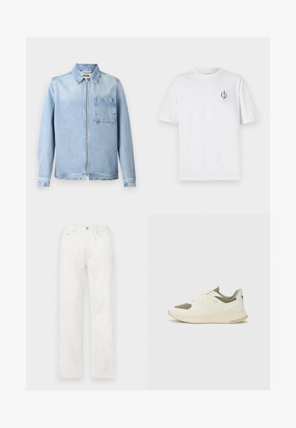 Lichtblauwe spijkerjack met een ritssluiting, kraag, lange mouwen en een borstzak. Het heeft een licht vervaagde textuur en standaard manchetten.; Witte katoenen t-shirt met een ontspannen pasvorm, voorzien van een klein zwart graphic logo op de linkerkant van de borst. Korte mouwen, ronde hals.; Witte denim jeans met een rechte pijp, knoop- en ritsluiting, vijf-pocket ontwerp en geen zichtbare patronen of accenten.; Witte en lichtbeige sport sneaker, met een bovenwerk van mesh, geperforeerde details en een gestructureerde tussenzool met branding op de hiel.