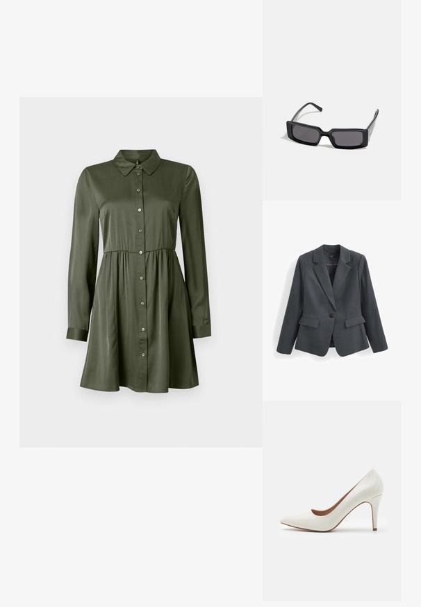 Dunkelgrauer Blazer aus strukturiertem Stoff, mit einem einzelnen Knopfverschluss, eingefassten Revers und zwei vorderen Taschen. Gefüttertes Innenfutter.; Langärmliges, olivgrünes Hemdkleid mit tailliertem Schnitt und Kragen, leicht ausgestelltem Rock und geknöpften Ärmeln.; Weiße Lackleder-Pumps mit spitzer Zehenform und glatter Oberfläche, ausgestattet mit einem schmalen Absatz und einem niedrigen Schnitt um die Öffnung.; Schwarze Sonnenbrille mit rechteckigem Rahmen, dunklen Gläsern und glatter, glänzender Oberfläche. Verfügt über dünne Bügel mit dezentem Branding an der Seite.; Michael Kors Clutch in beige beschichtetem Canvas mit einem wiederholten MK-Logo-Muster, goldfarbener hardware und einem abnehmbaren Kettenriemen.