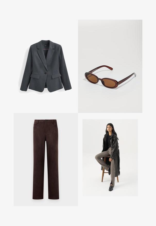 Blazer gris foncé en tissu texturé, avec fermeture à un bouton, revers crantés et deux poches avant. Intérieur doublé.; Pull en maille bleu clair à manches longues avec un large col rond, style simple, et côtes aux poignets et à l'ourlet.; Pantalons en suède marron foncé à jambes droites avec fermeture à bouton et zip à l'avant, passants de ceinture et poches latérales.; Manteau trench en cuir noir avec des boutons et une ceinture, associé à un pantalon ajusté marron clair et des mocassins noirs, assis sur un tabouret en bois.; Lunettes de soleil rondes teinte brun avec une monture bordeaux brillante. Branches fines avec un détail de marque subtil. Design de verres plats.; Sac à main plissé jaune en simili cuir lisse, arborant une forme douce avec une bandoulière unique et un design froncé sur le dessus.