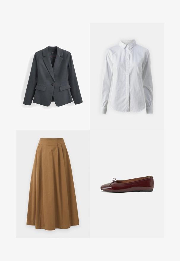 Dark gray blazer made of textured fabric, featuring a single button closure, notched lapels, and two front pockets. Lined interior.; White button-up shirt made of smooth cotton, featuring a classic collar, long sleeves, and a curved hem. Buttons are small and white.; Brown cotton A-line skirt with a high waist, featuring pleats down the front and a smooth texture. Hem finishes are clean and simple.; Burgundy patent leather ballet flat with a rounded toe, small bow accent at the front, and a low, black rubber sole. Smooth texture.