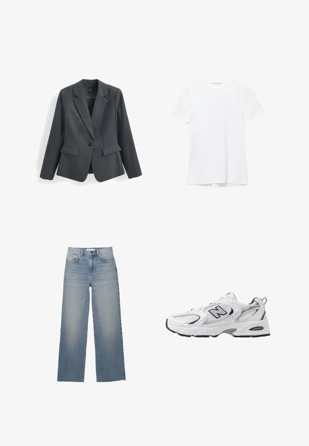 Tmavošedý saka vyrobené z textúrovaného materiálu, s jedným gombíkom na zapínanie, výstrihom s klopami a dvoma prednými vreckami. Podšívaný interiér.; Biela tričká s krátkym rukávom vyrobené z hladkej tkaniny, s okrúhlym výstrihom a jemnými švami na leme.; Svetlomodré nohavice s širokými nohavicami vyrobené z denimu, s vysokým pásom, prednými vreckami a zapínaním na gombík. Hladká textúra s vyblednutými oblasťami.; Biele športové topánky s priedušným vrchným materiálom, námorníckymi akcentmi a polstrovanou podrážkou. Obsahujú logo "N", šnúrky a textúrovaný detail na boku.