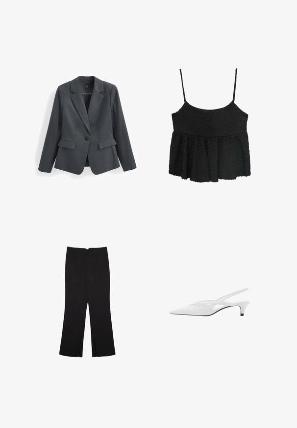 Tmavošedý saka vyrobené z textúrovaného materiálu, s jedným gombíkom na zapínanie, výstrihom s klopami a dvoma prednými vreckami. Podšívaný interiér.; Čierny peplum top s tenkými nastaviteľnými ramienkami. Textúrovaná, zvrásnená tkanina, priliehavý korzet, rozšírená dolná časť, bez viditeľného hardvéru alebo vzorov.; Čierne nohavice so strihom rovného strihu, s prednými vreckami a bočnými rozparkami na leme. Vyrobené z mäkkej, hladkej tkaniny. Vhodné na rôzne príležitosti.; Biele slingback podpätky s špicatou špičkou, s hladkým zvrškom, jemnými výrezmi a nízkym blokovým podpätkom. Čierna podrážka zvýrazňuje dizajn.