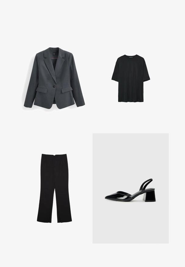 Tmavě šedý blazer vyrobený z texturované tkaniny, s jedním knoflíkem, klopami a dvěma předními kapsami. Podšívka vnitřku.; Černé tričko s krátkým rukávem vyrobené z měkké tkaniny, s kulatým výstřihem a volným střihem bez viditelných vzorů nebo akcentů.; Černé kalhoty s rovným střihem, s předními kapsami a bočními rozparky na lemu. Vyrobené z jemné, hladké tkaniny. Vhodné na různé příležitosti.; Černé lakované kožené lodičky na pásku s špičatou špičkou a geometrickým blokovým podpatkem. Vyznačují se elegantním, minimalistickým designem a hladkým povrchem.