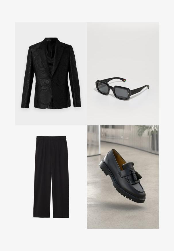 Czarna marynarka smokingowa z ozdobnym kwiatowym wzorem, gładką teksturą, szpiczastym klapem, z jedynym zapięciem na guzik oraz bocznymi kieszeniami. Dopasowany krój.; Czarny sweter, okrągły dekolt, długie rękawy, ściągacze przy mankietach i u dołu, miękka tekstura, jednolity kolor, minimalistyczny design.; Czarne spodnie w stylu szerokich nogawek z plisowanym przodem, bocznymi kieszeniami i gładką teksturą materiału. Zaprojektowane w luźnym kroju.; Czarne skórzane mokasyny z detalem frędzli, gładkie wykończenie i gumowa podeszwa z rowkami trakcyjnymi. Wnętrze wyłożone kontrastującym brązowym kolorem.; Czarne prostokątne okulary przeciwsłoneczne z ciemnymi soczewkami, grubymi ramkami, złotymi akcentami i tęczowym paskiem na zausznicy.