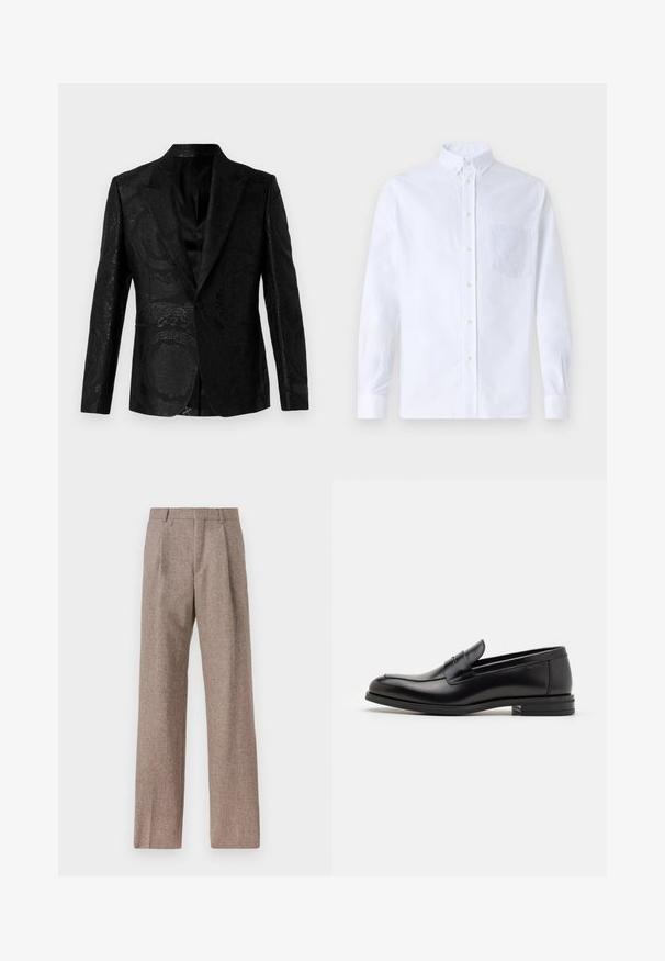 Black tuxedo jacket with ornate floral pattern, smooth texture, peak lapel, single button closure, and side pockets. Tailored fit.; White long-sleeve button-up shirt made of cotton, featuring a chest pocket with tonal embroidery, a collar, and button cuffs.; Brown, high-waisted trousers made of textured fabric. Features wide legs and two front pleats for structure. Neat finish with no visible hardware.; Black leather loafers with a smooth texture, rounded toe, and a decorative strap across the vamp. Low stacked heel, minimalist design.