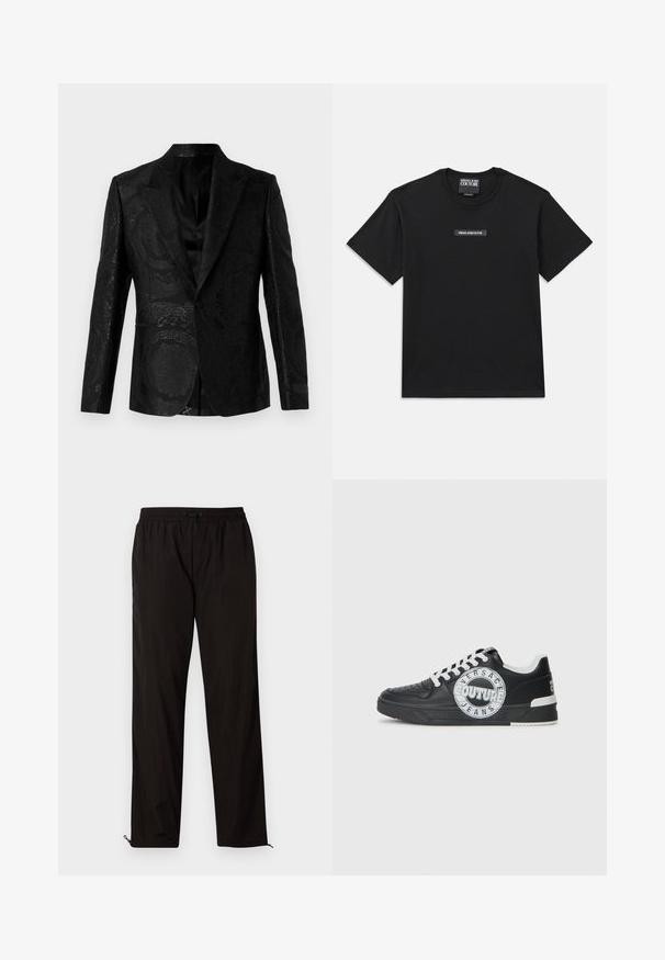 Casaco de fraque preto com padrão floral ornamental, textura suave, lapela pontiaguda, fecho de botão simples e bolsos laterais. Ajuste feito à medida.; T-shirt preta de manga curta feita de algodão. Apresenta um rótulo retangular de logo no peito com "VERSACE JEANS COUTURE" em texto branco.; Calças leves pretas com cintura elástica, fecho por cordão ajustável e bainhas com fecho de correr para ajuste. Textura suave e elegante.; Tenis de couro preto com detalhes em branco, logótipo redondo, ponta perfurada e sola de contraste. Apresenta atacadores brancos e marca.