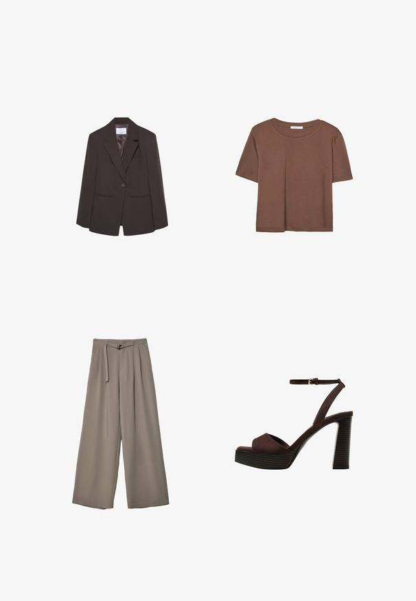 Blazer marrone con revers a punta, chiusura a un bottone e spalle strutturate. Presenta due tasche frontali e rivestimento interno liscio.; Maglietta a maniche corte marrone realizzata in tessuto morbido, con scollatura rotonda e vestibilità rilassata. Nessun motivo o dettaglio visibile.; Pantaloni a gamba larga in un morbido tessuto grigio tenue, con vita con cintura e pieghe per un tocco di design aggiuntivo. Texture liscia, senza motivi.; Sandal in camoscio marrone con tacco alto, punta aperta, cinturino alla caviglia regolabile e suola a piattaforma striata.