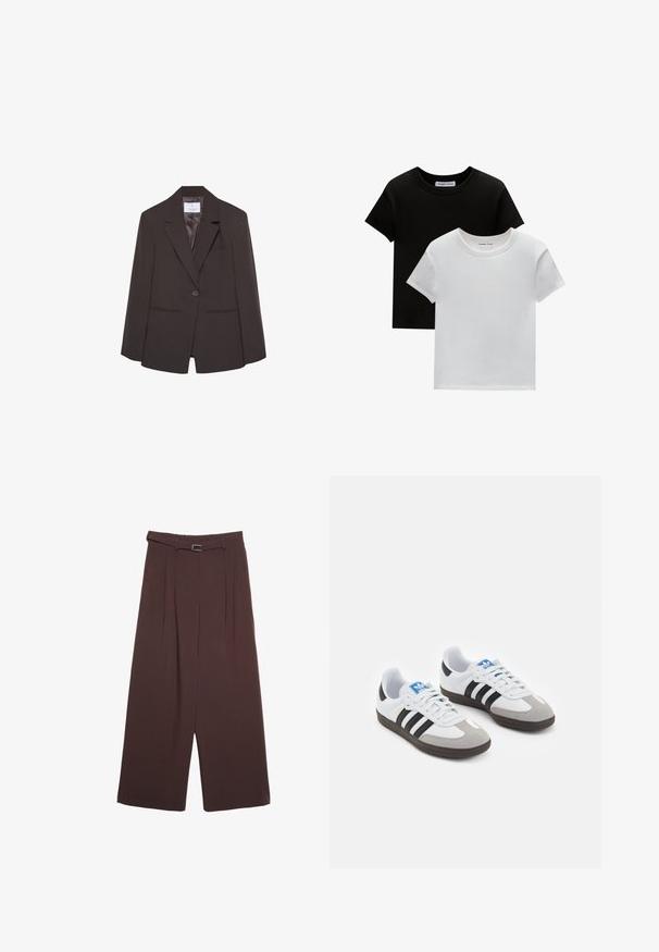 Hnědý blazer s klopou, zapínání na jeden knoflík a strukturovanými rameny. Obsahuje dvě přední kapsy a hladké vnitřní podšívání.; Dvě trička s kulatým výstřihem v černé a bílé barvě, vyrobená z bavlny. Mají krátké rukávy a jednobarevný design bez vzorů nebo akcentů.; Stradivarius WIDE-LEG WITH BUCKLE DETAIL - Kalhoty - dark brown; Sportovní boty s bílým koženým svrškem, šedou semišovou špičkou a třemi černými pruhy. Obsahují modré logo na jazyku a texturovanou gumovou podrážku.