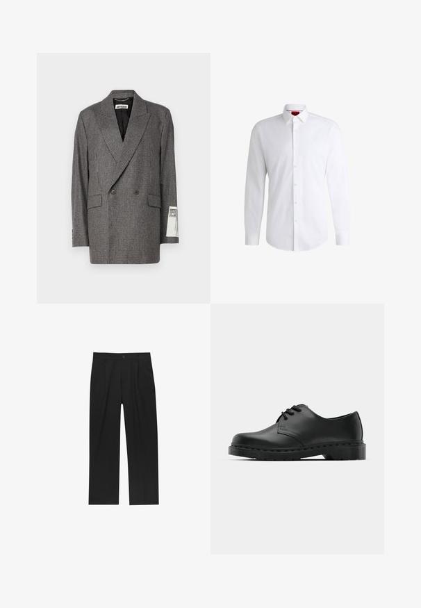 Dubbelknäppt blazer i grått hundtandsmönster, tillverkad av textuerat tyg. Har en slagkrage och två framfickor. Etikett synlig på ärmen.; Vitt skjorta med knappar, tillverkad av mjukt tyg, med klassisk krage, långa ärmar och rundad nederkant. Har beige knappar fram.; Svarta byxor med rak ben-design, tillverkade av ett jämnt tyg. Har framfickor och en enkel knapplåsning i midjan.; Svart lädersko i oxford-stil med snörningsdesign, rund tå, platt gummisula och subtila sömdetaljer längs ovandelen.