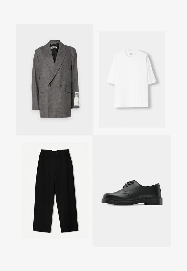 Double-breasted blazer in grey houndstooth pattern, made of textured fabric. Features a notched collar and two front pockets. Tag visible on sleeve.; White short-sleeved t-shirt made from cotton, featuring a round neckline and a relaxed fit. Smooth texture, with no visible patterns or accents.; Black wide-leg trousers with a textured fabric, featuring an elastic waistband and side pockets. Simple, minimal design without embellishments.; Black leather oxford shoe with lace-up design, rounded toe, flat rubber sole, and subtle stitching detail along the upper.