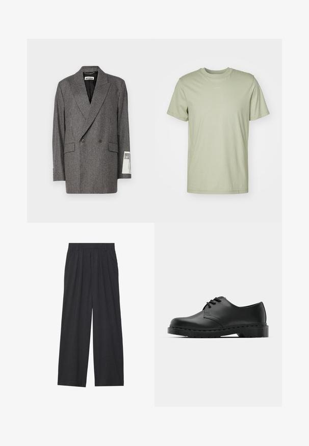 Blazer doppiopetto in motivo houndstooth grigio, realizzato in tessuto testurizzato. Presenta un colletto a revers e due tasche frontali. Etichetta visibile sulla manica.; T-shirt di cotone verde chiaro con scollo rotondo, maniche corte e un logo del marchio stampato in modo discreto al centro del petto.; Pantaloni a gamba larga realizzati in tessuto grigio scuro. Presentano pences in vita, un design sartoriale e una silhouette dritta.; Scarpa oxford in pelle nera con design con lacci, punta arrotondata, suola piatta in gomma e dettagli di cucitura discreti lungo la parte superiore.